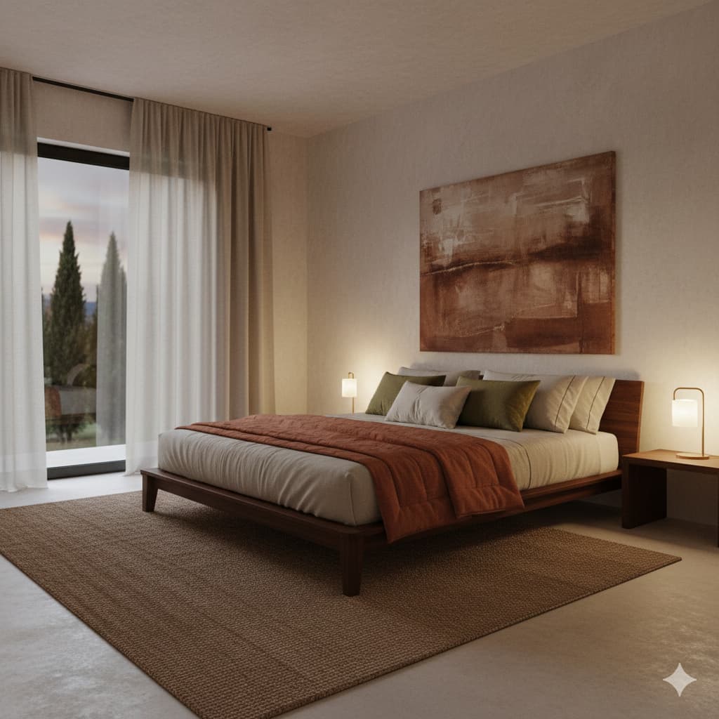 Camera da letto domestica con luce soffusa serale