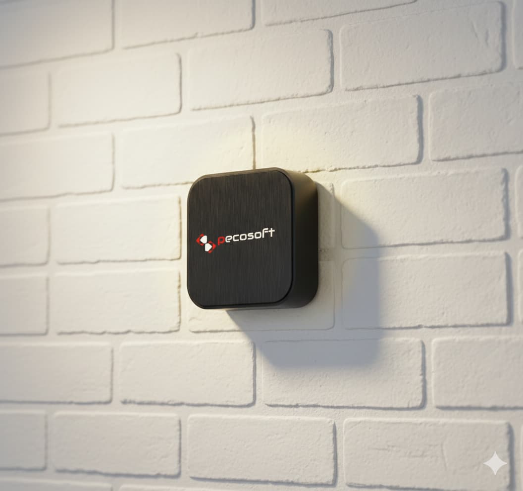 Sensore radar AMIIN su sfondo scuro, design compatto e discreto