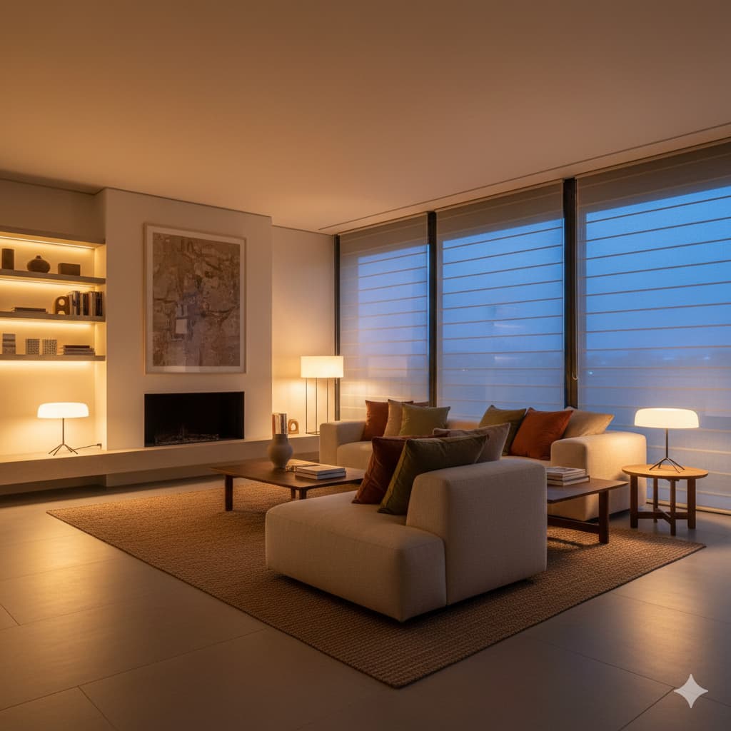 Salotto illuminato con atmosfera personalizzata e confortevole