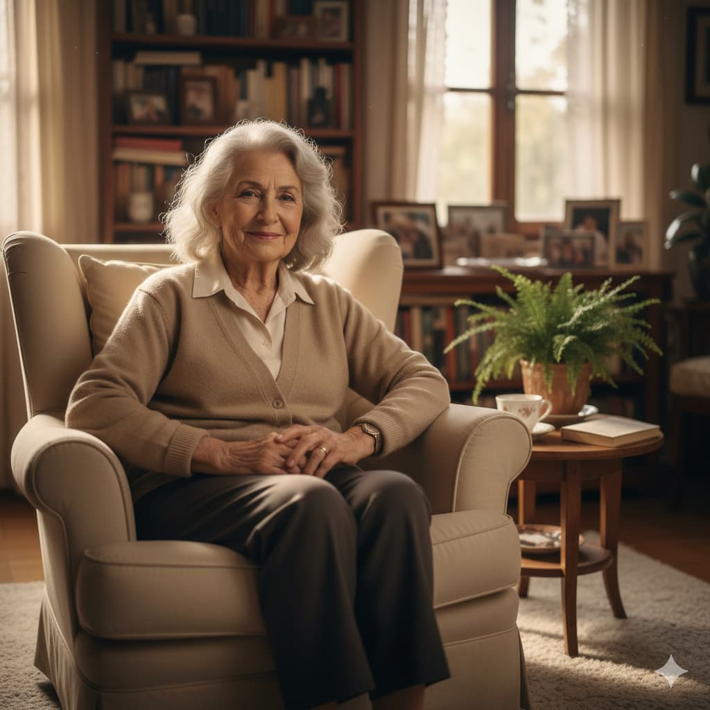 Persona anziana a casa in ambiente tecnologicamente assistito