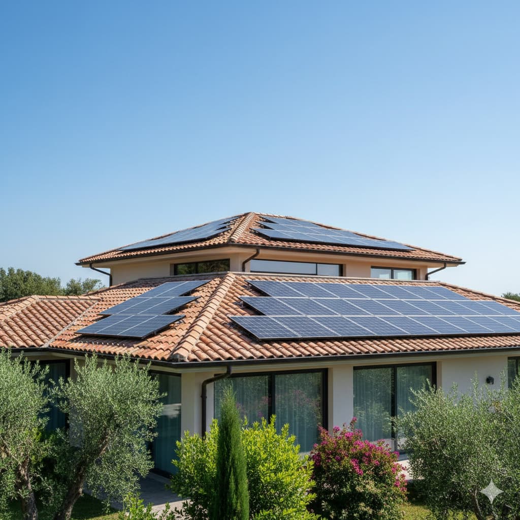 Pannello solare su tetto di casa con indicatori di risparmio energetico
