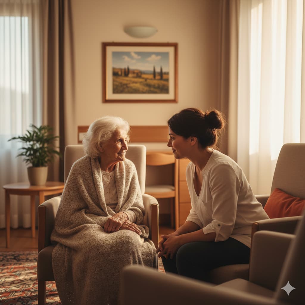 Infermiera in attività di cura con paziente anziana