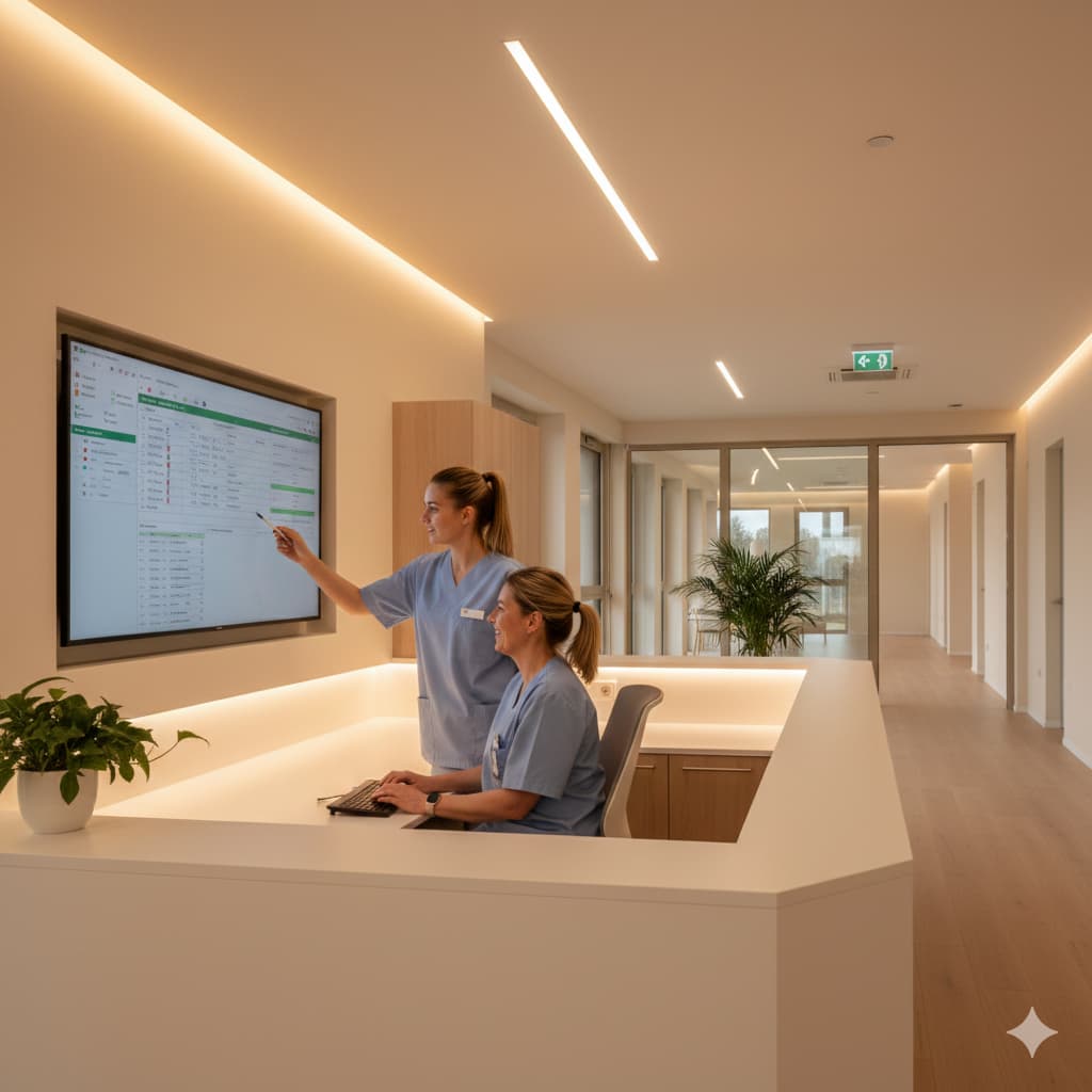 Personale sanitario collabora alla postazione infermieristica