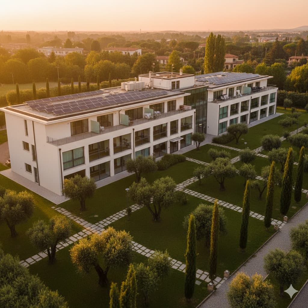 Edificio con pannelli fotovoltaici e gestione energetica intelligente