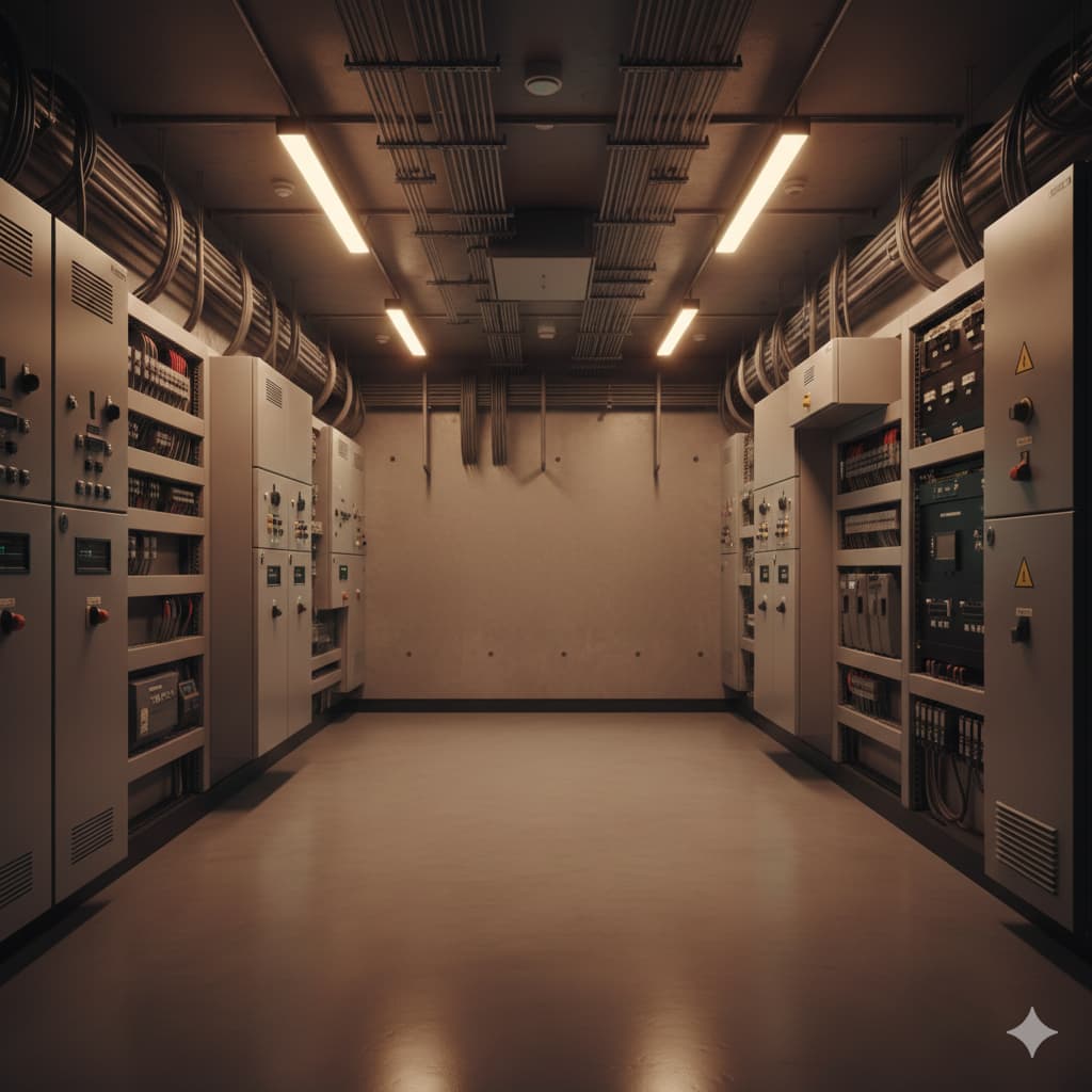 Sala di controllo impianti tecnici con monitor e pannelli