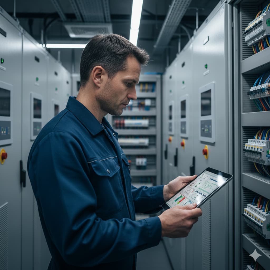 Tecnico manutentore controlla impianti con tablet